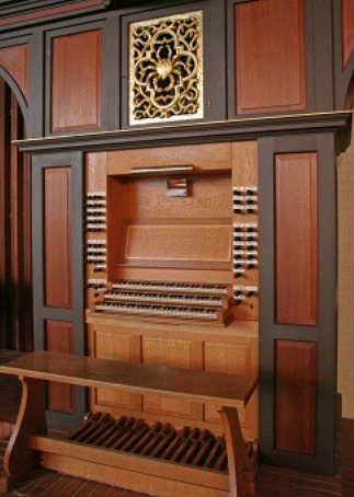 Carved panel and crab, pipe organ at All Soul's Episcopal Church, San Diego